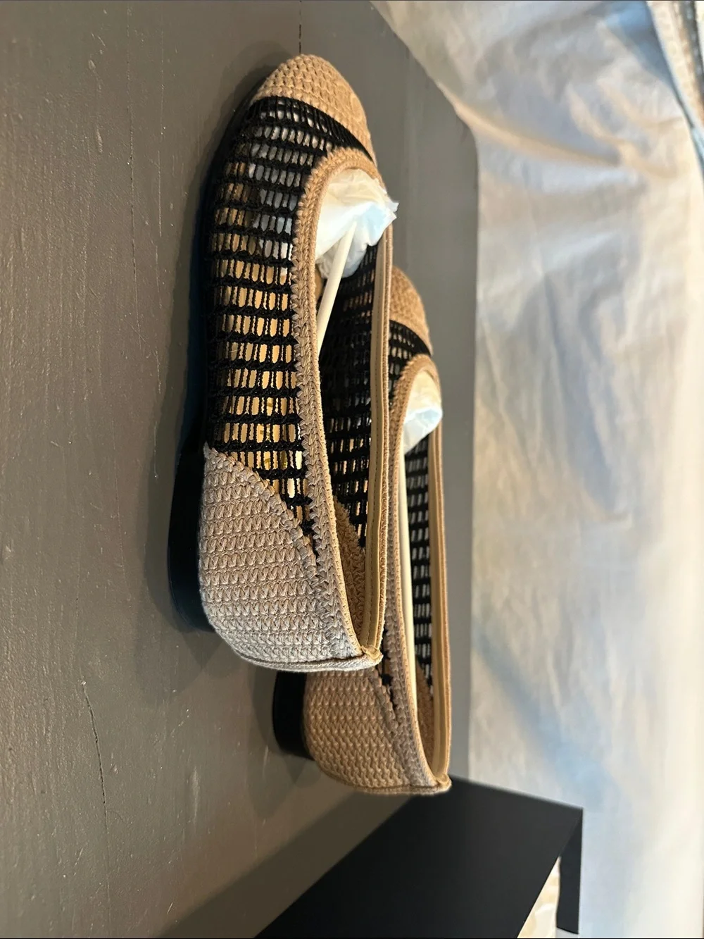 CHANEL Black and Beige Crochet Cap-Toe Ballet Flats